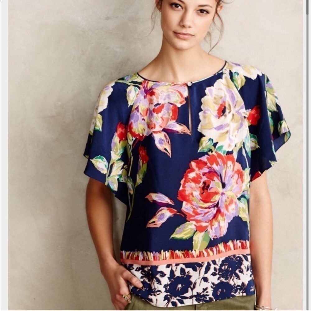 Anthropology Maeve silk Gardenia floral flutter sleeve blouse